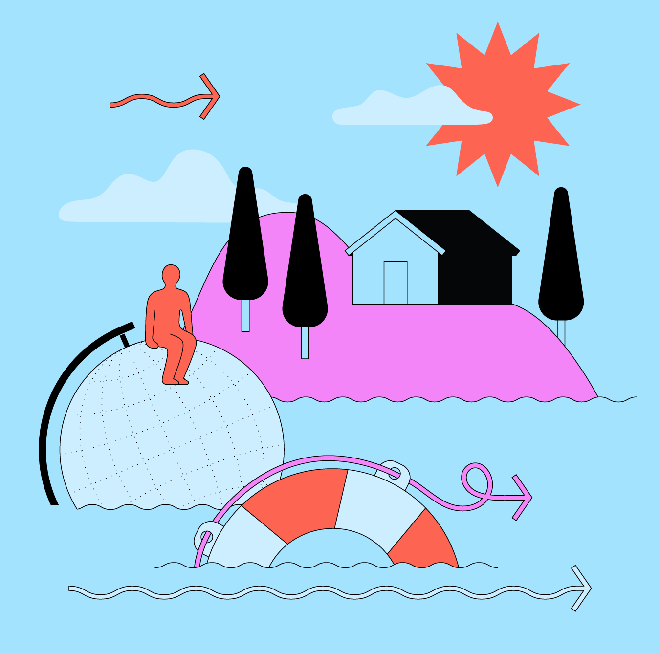 Illustration graphic of the ocean, a lifebuoy, a floating globe with a person sitting on it and an island with a house an three trees on it