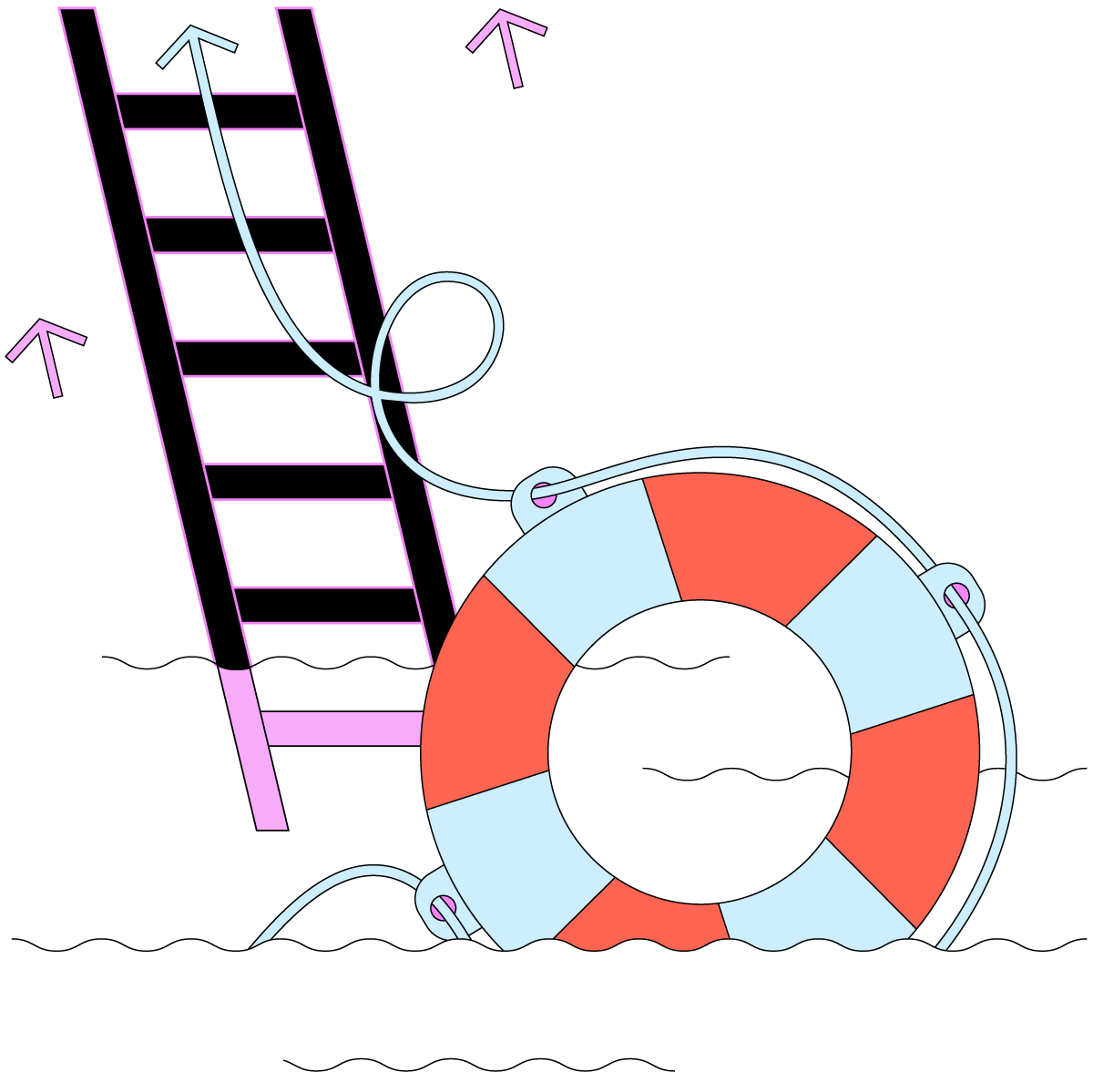 Cartoon graphic of the ocean with a lifebuoy and a ladder