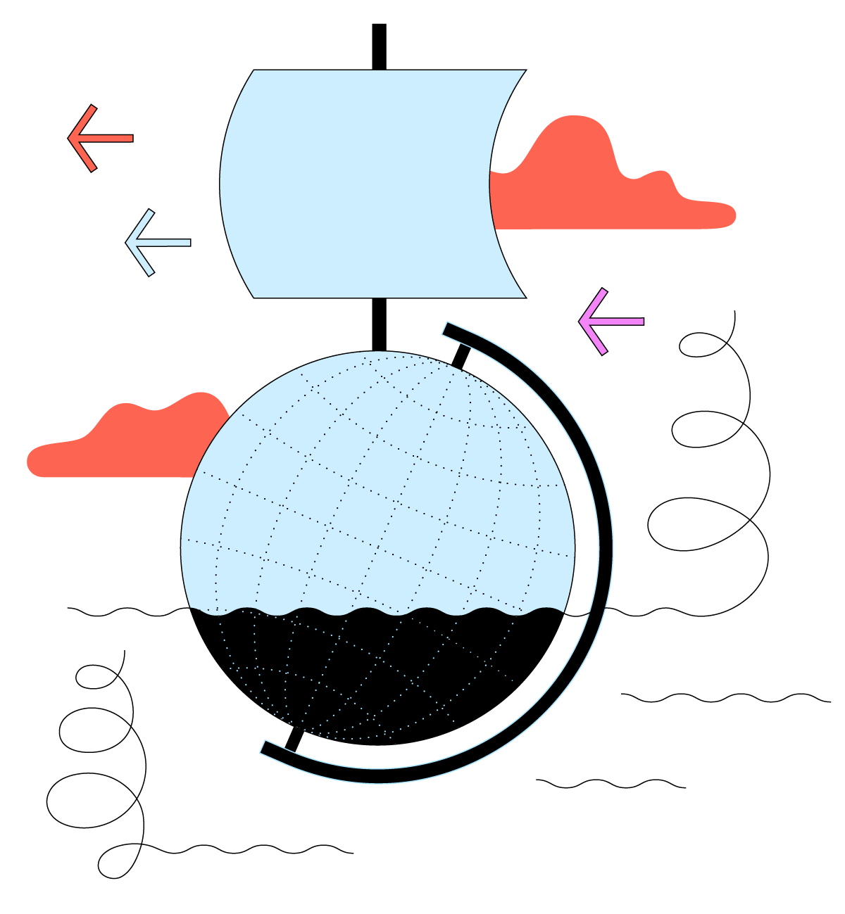 Cartoon graphic of the ocean with a globe in it with a sail attached on top, making the globe look like a sailboat