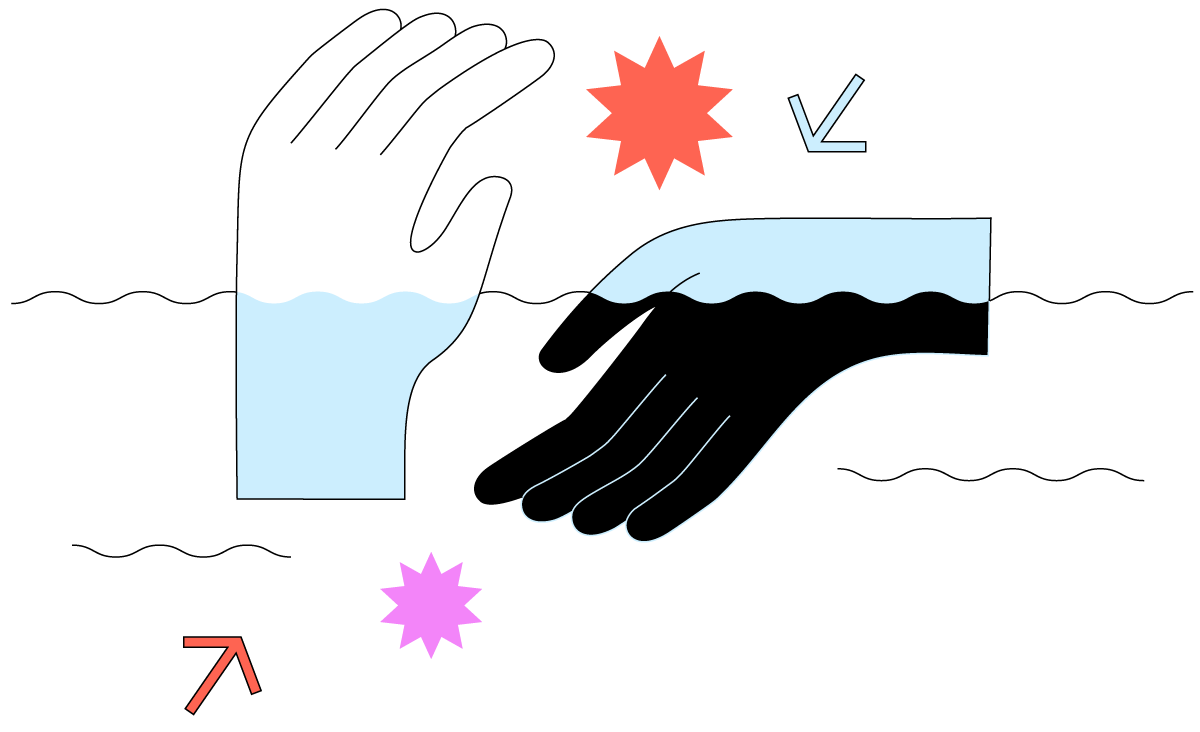 Cartoon illustration of the ocean and two hands partially under and above sea level