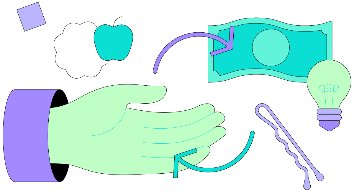 A green cartoon hand reaches towards a bobby pin, a lightbulb and a banknote