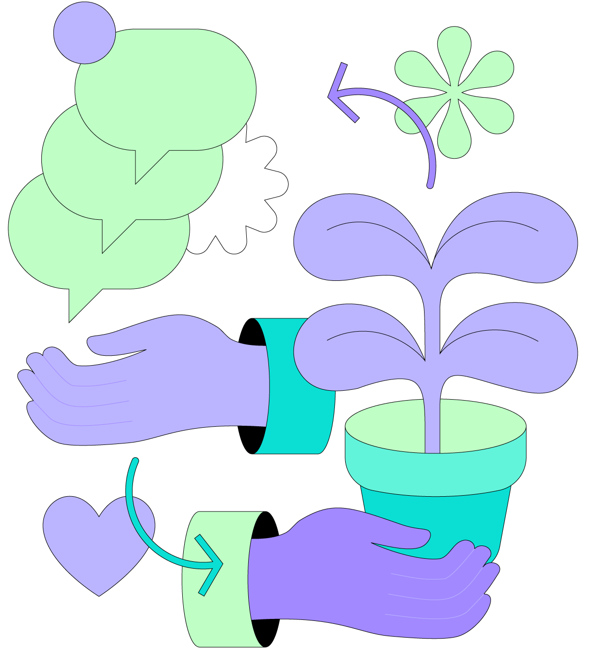 A purple cartoon hand holds a pot plant. Other symbols – a cartoon heart, a flower, and speech bubbles – surround the plant