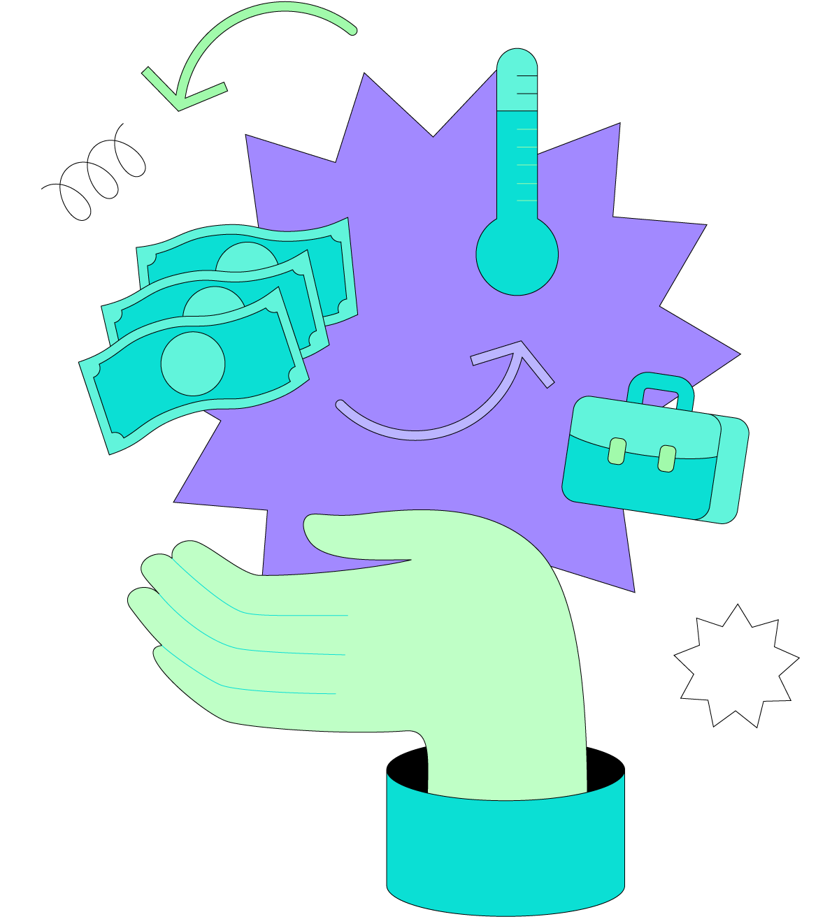Green cartoon hand holding bank notes 