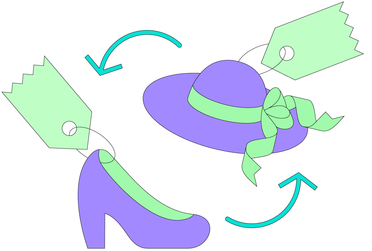 Cartoon shoe and cartoon hat with arrows to signify that they are being exchanged