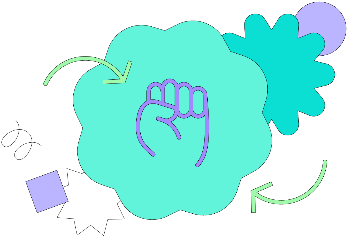 A raised fist – a symbol of solidarity – is placed in a green thought bubble.