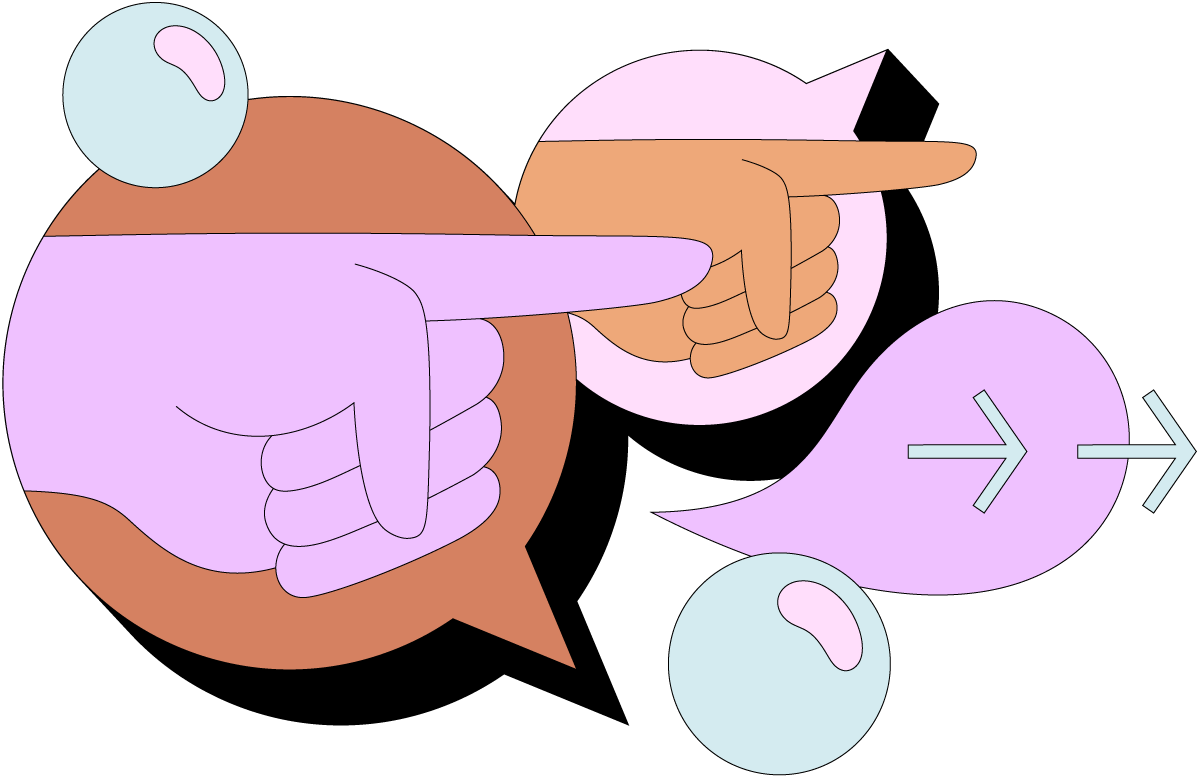 Cartoon graphic of two chat bubbles, each of them containing a hand that pointing towards the copy on the right.