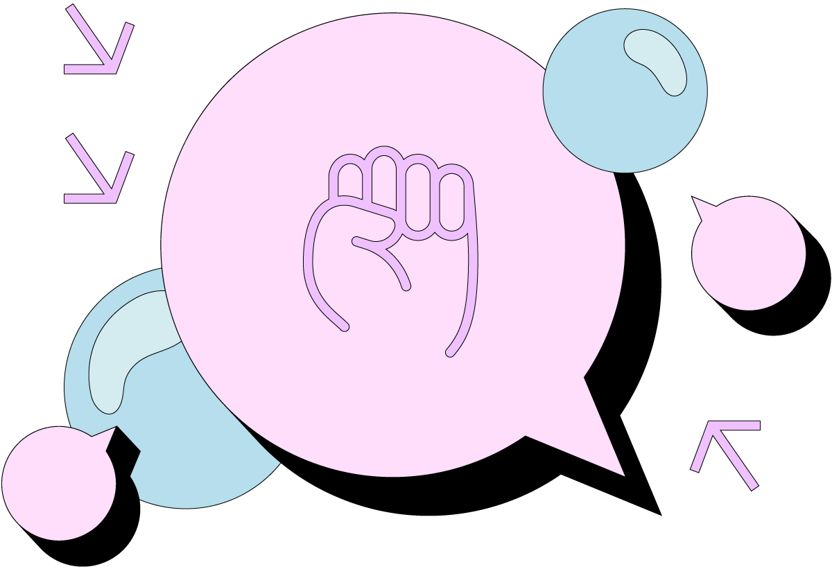 Cartoon graphic of three chat bubbles and two regular bubbles. The chat bubble in the center holds a fist, a symbol for resistance and protest.