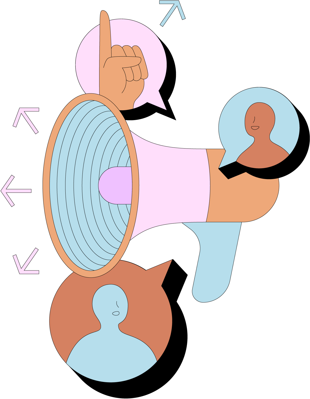 Cartoon graphic of three chat bubbles, two of which have the drawing of person and one that shows a finger pointing up. The middle of the cartoon depicts a megaphone.