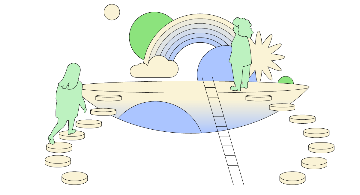 Cartoon graphic that features two individuals, both standing on a floating planet. There are floating circular tile-like stairs. This alludes to the central theme of this trend, which is taking small steps towards a more purposed lifestyle. The background also features a rainbow with pastel colors.