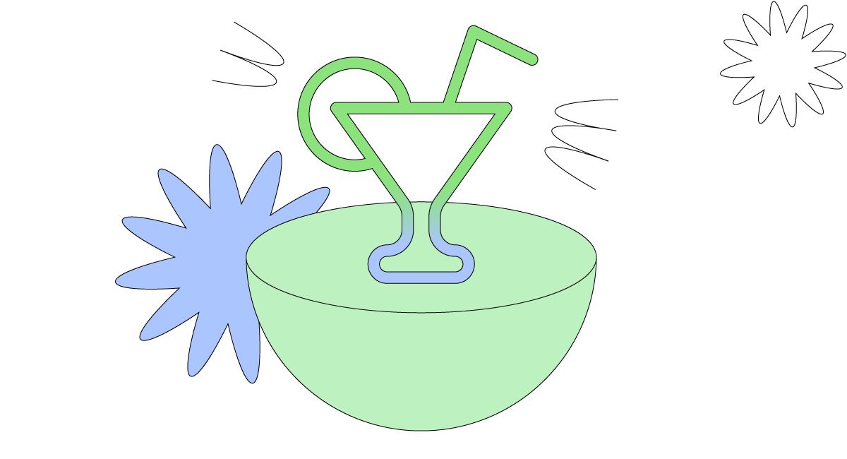 Cartoon graphic of a floating platform with a cocktail glass on top, which is the trend icon of the mega-trend Freedonism.