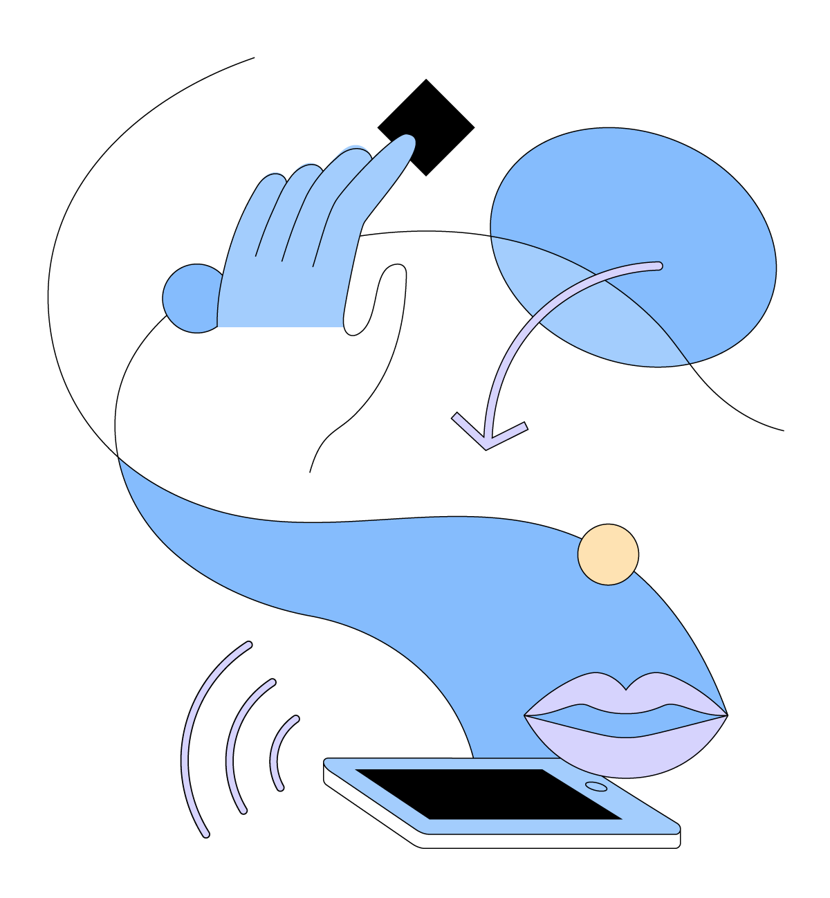Abstract, cartoon graphic featuring a mobile tablet, lips and a hand.
