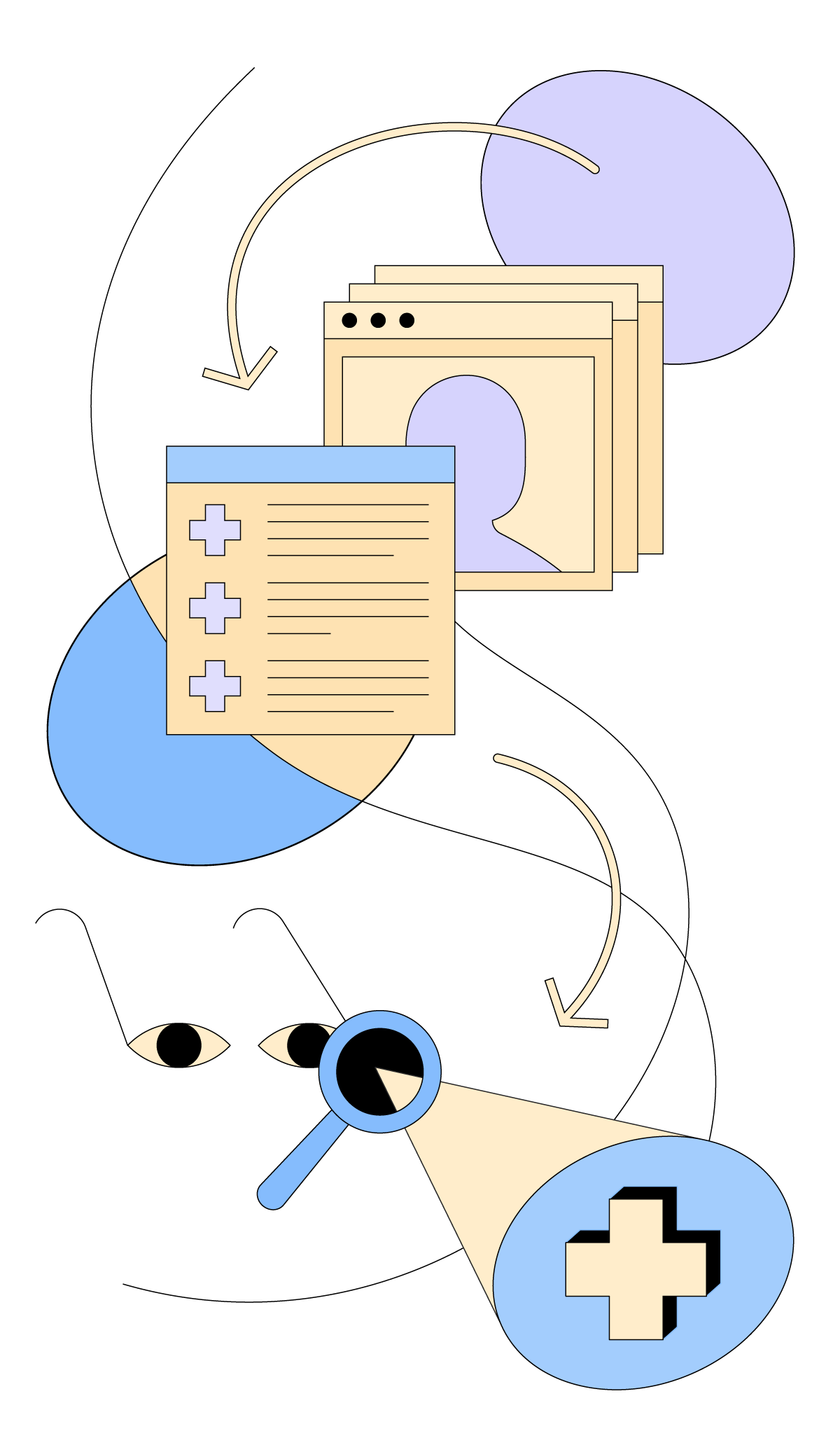 Abstract, cartoon graphic depicting an online database with user profiles, a checklist and a pair of glasses.