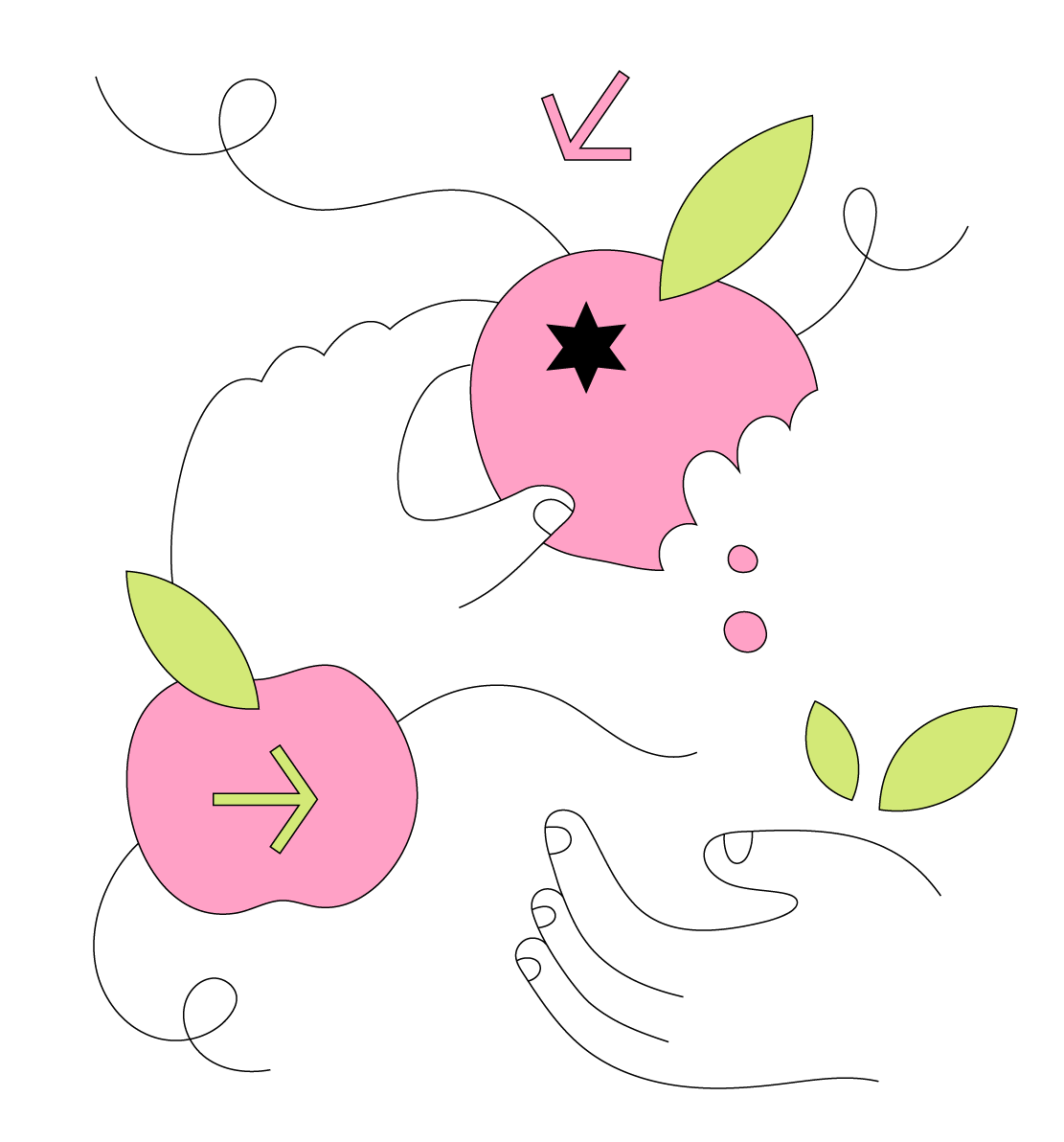 Cartoon graphic of a hand holding an apple, an apple and a hand with leaves on top of it.