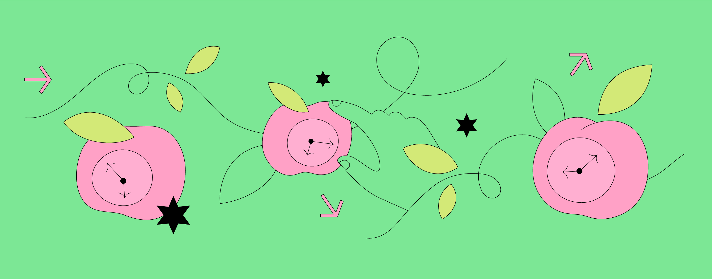 Cartoon graphic of apple-shaped clocks, leaves and stars.