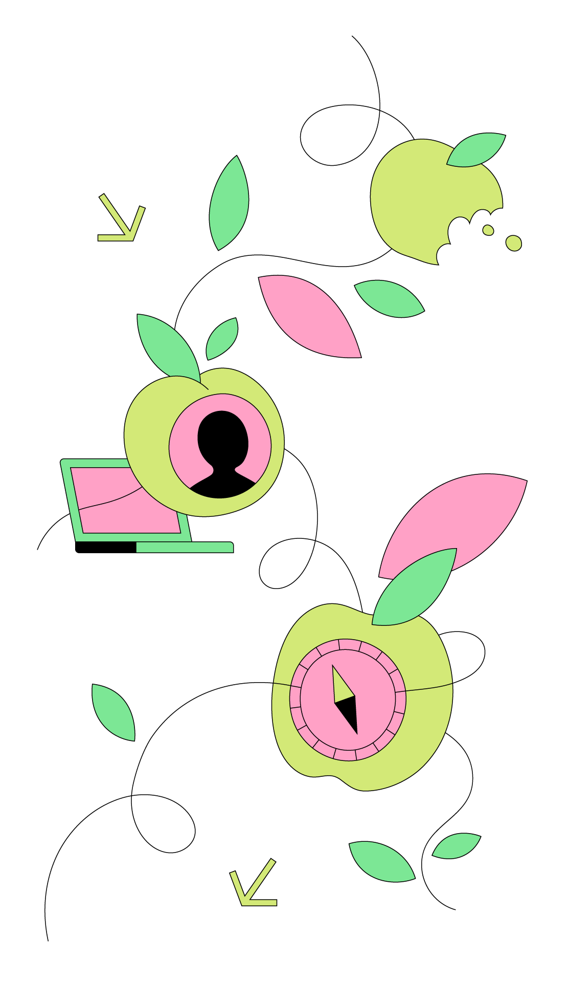 Cartoon graphic of an apple-shaped screen and an apple-shaped compass.