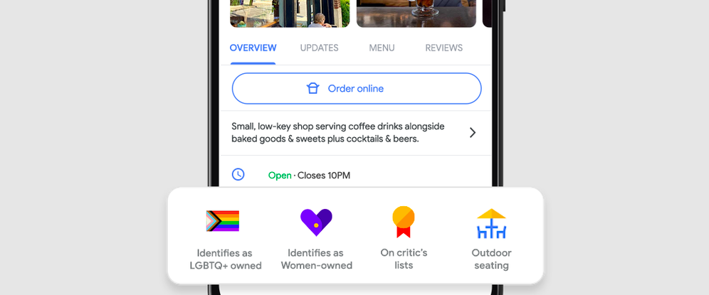 Phone screen showing Google Maps with tags including 'Identifies as LGBTQ+ owned'