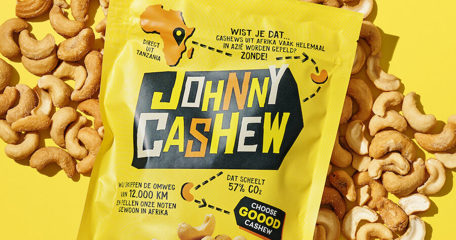 Close-up of a bag of Johnny Cashew, showing a map of Africa and how the brand saves 57% in CO2 emissions