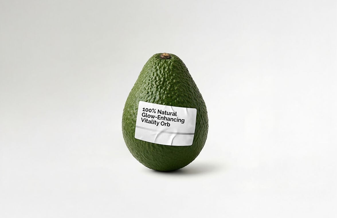 A single avocado with a white product label reading "100% Natural Glow-Enhancing Vitality Orb" against a plain light background