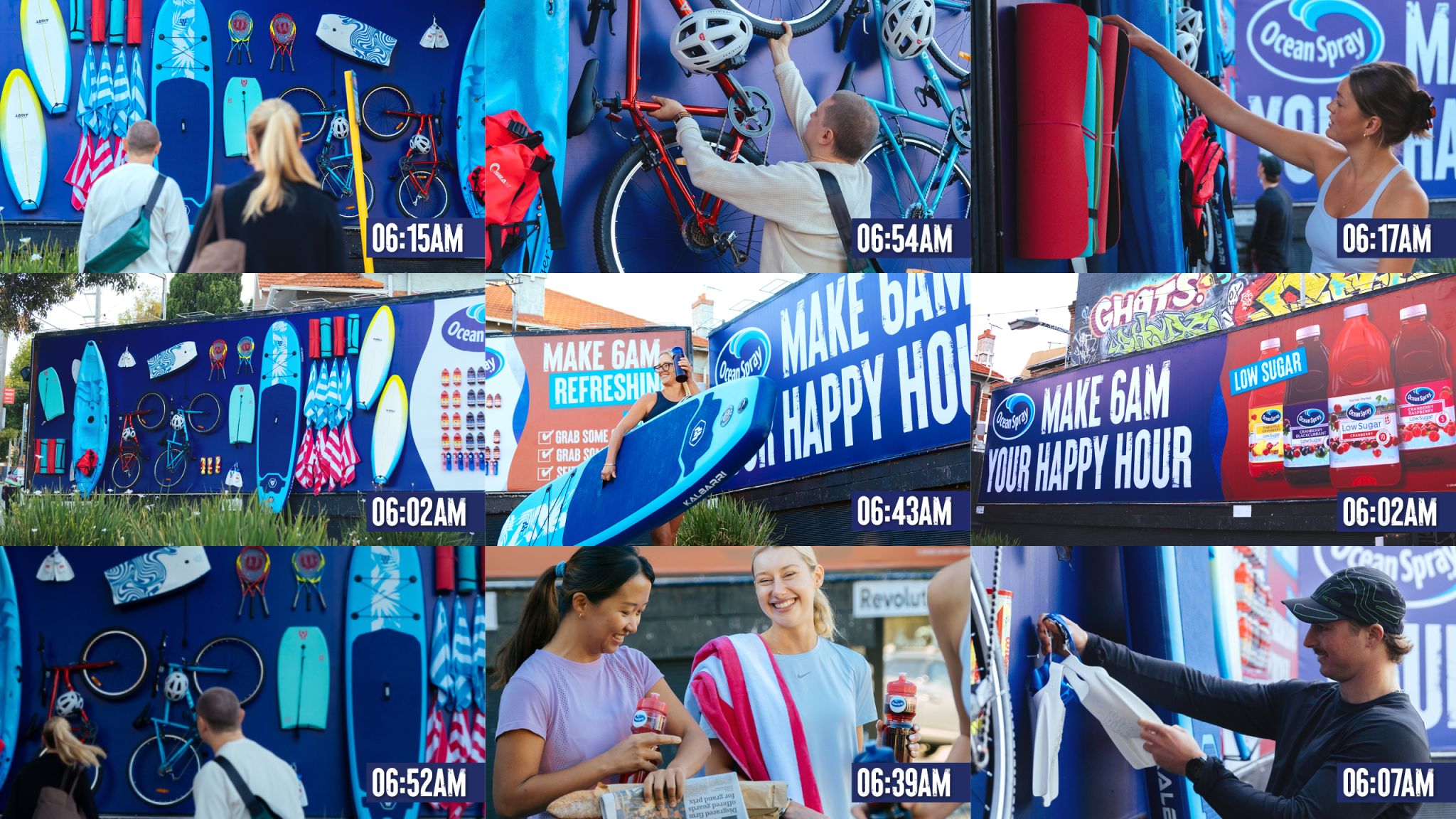 Nine-panel photo collage showing people interacting with Ocean Spray's "Make 6AM Your Happy Hour" billboard in Melbourne's St Kilda, with timestamps between 6:02am and 6:54am. Panels show passers-by lifting bikes, grabbing yoga mats and surfboards from the mounted gear wall, two women smiling while holding Ocean Spray Low Sugar bottles, and close-ups of the billboard messaging alongside the product range