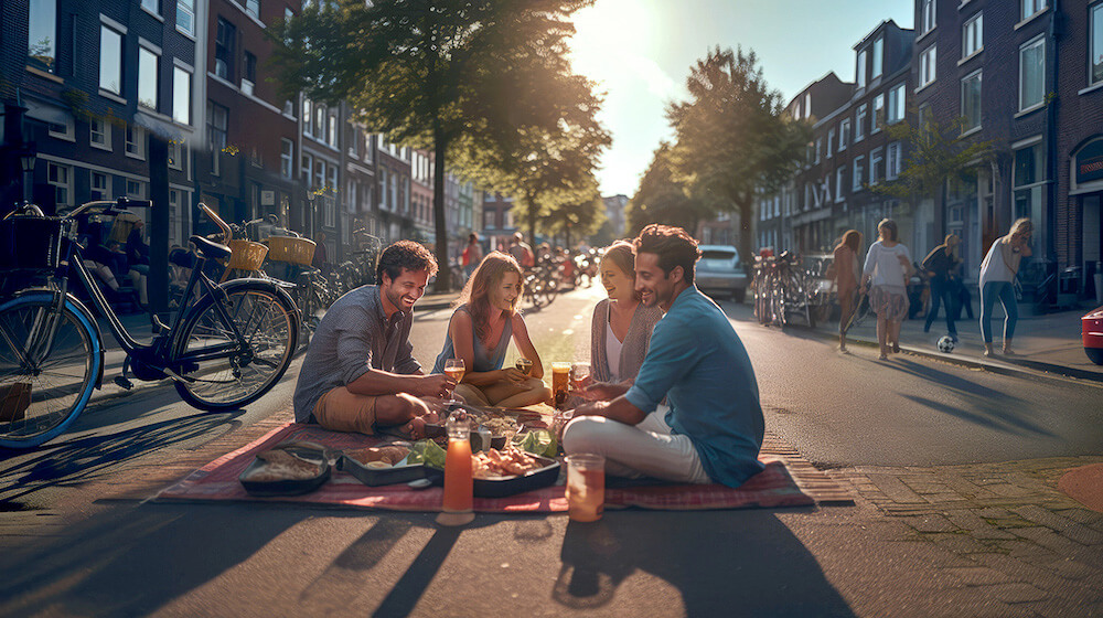 Adults having a picnic in the middle of a street