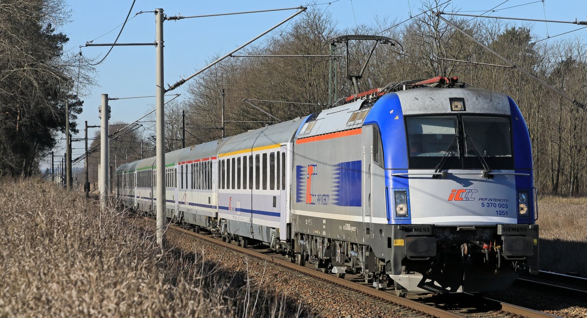 A German train rolling through the countryside