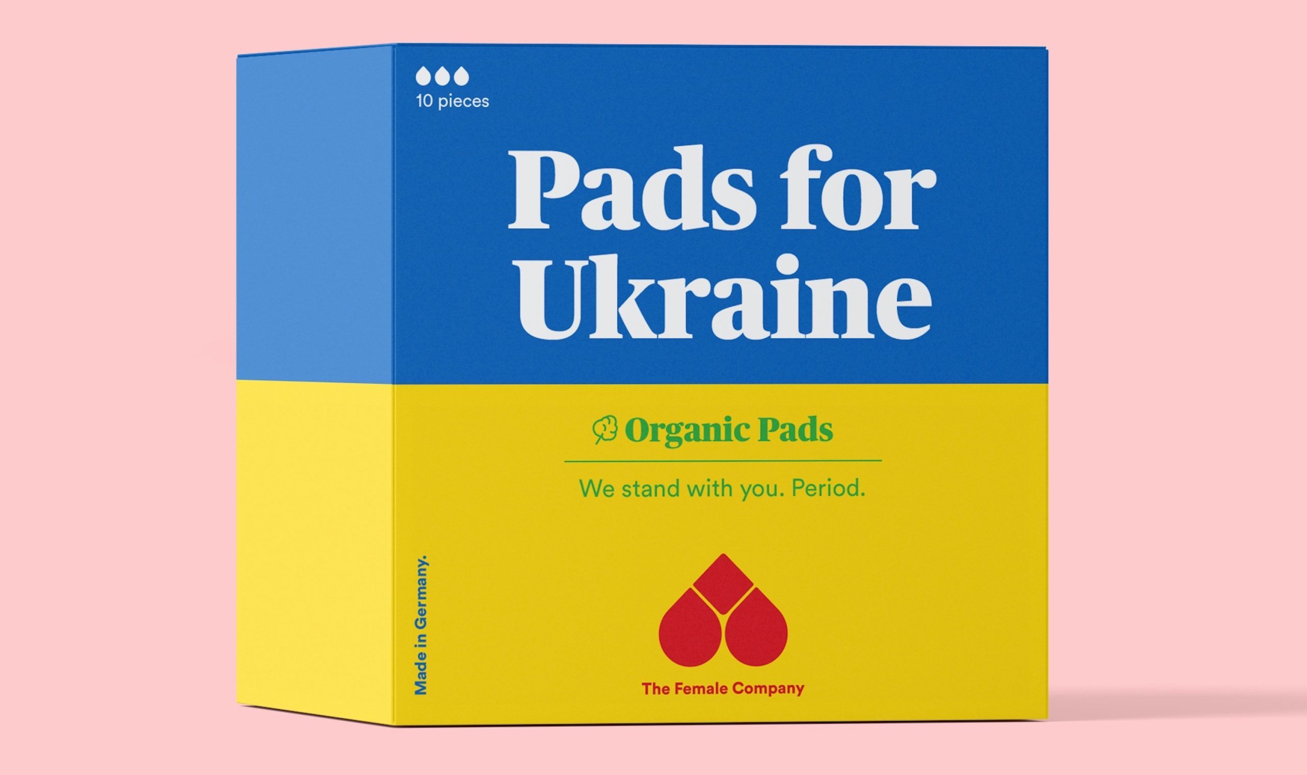 Blue and yellow box of 'Pads for Ukraine'