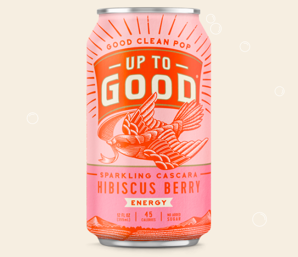 A pink and red can of UP TO GOOD'S hibiscus flavored sparkling cascara