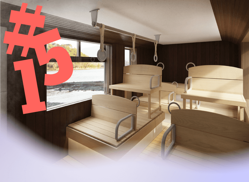Wooden interior of a sauna bus