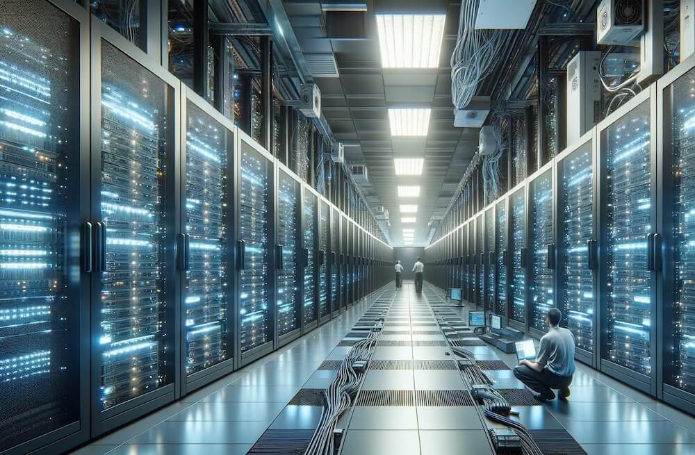 Image of a worker kneeling in a large data center 