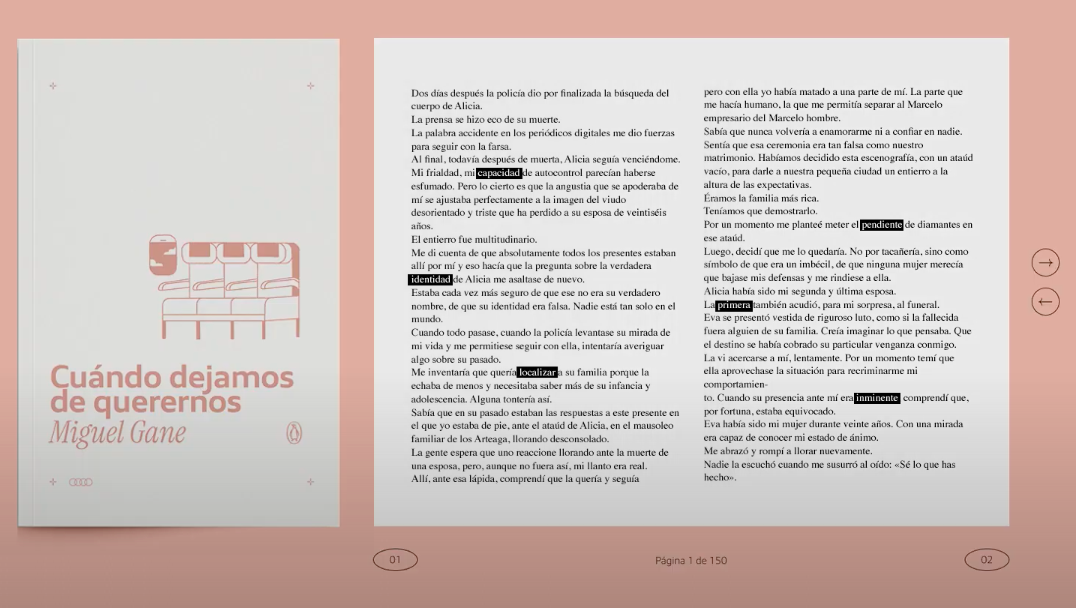 A spread from one of Audi's Novelas de Manual, showing highlighted words 