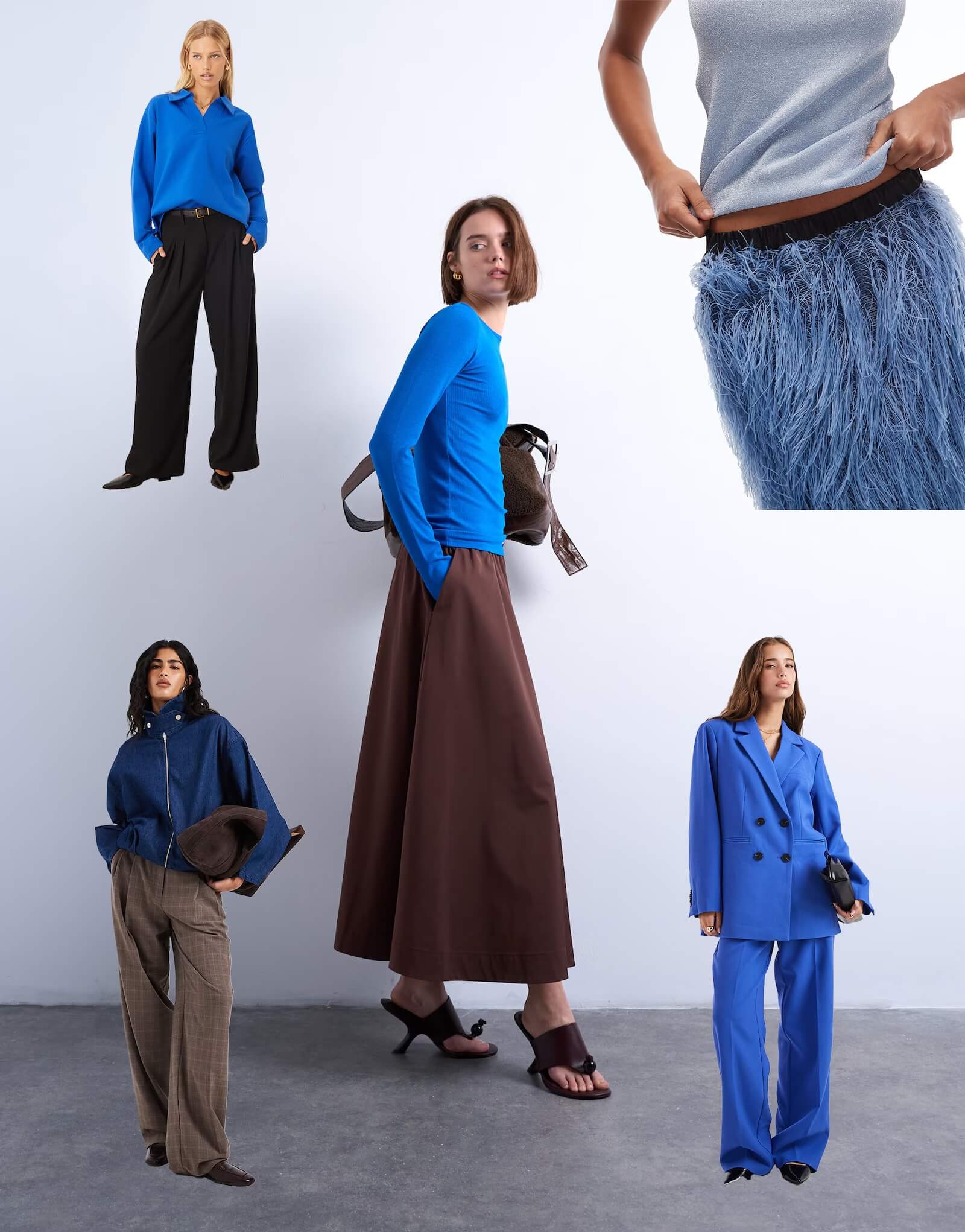 Fashion collage showing six models in coordinated blue and neutral outfits against a white background 