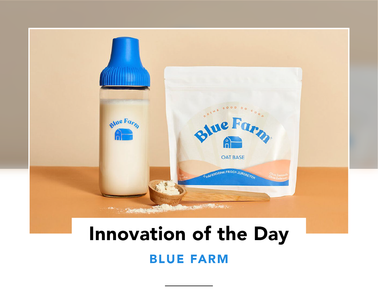 A Blue Farm starter kit: mixing bottle, wooden spoon and pouch of oat milk base