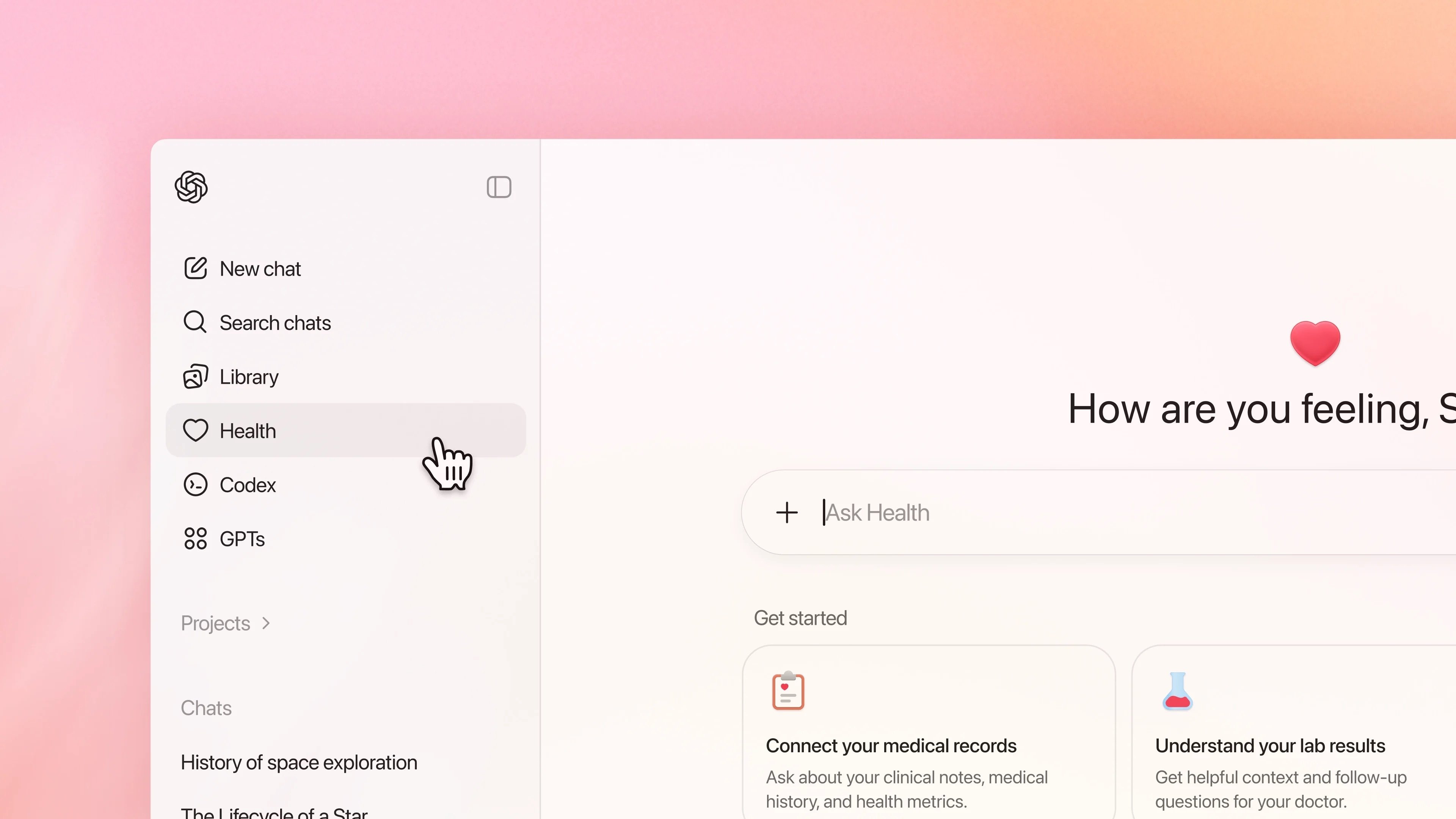 ChatGPT interface showing the Health feature in the left sidebar menu, highlighted with a cursor hovering over it. The main panel displays a pink gradient background with a heart emoji and the greeting 