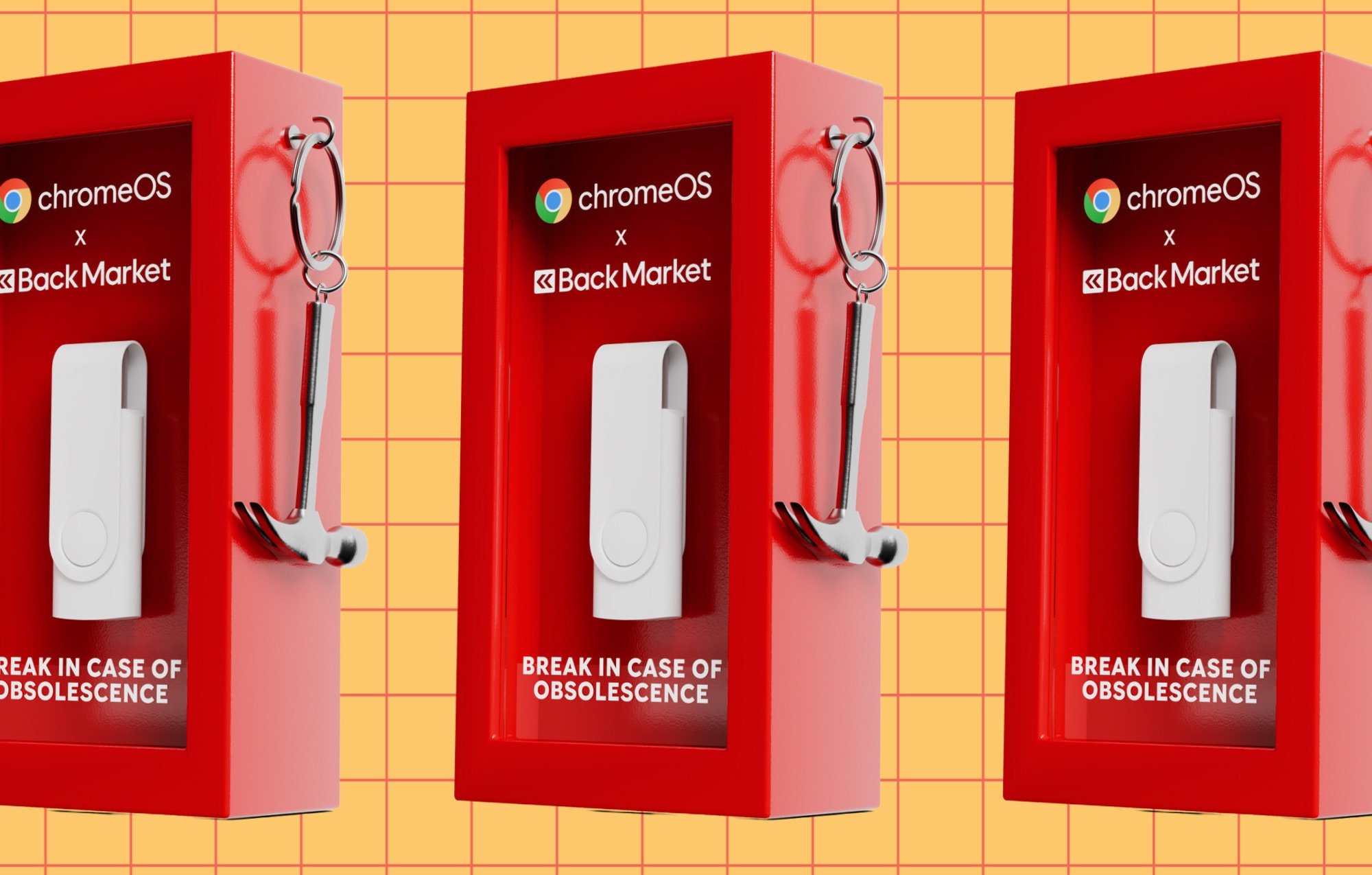 Three identical red emergency boxes with glass fronts display white USB sticks on keychains, labeled 