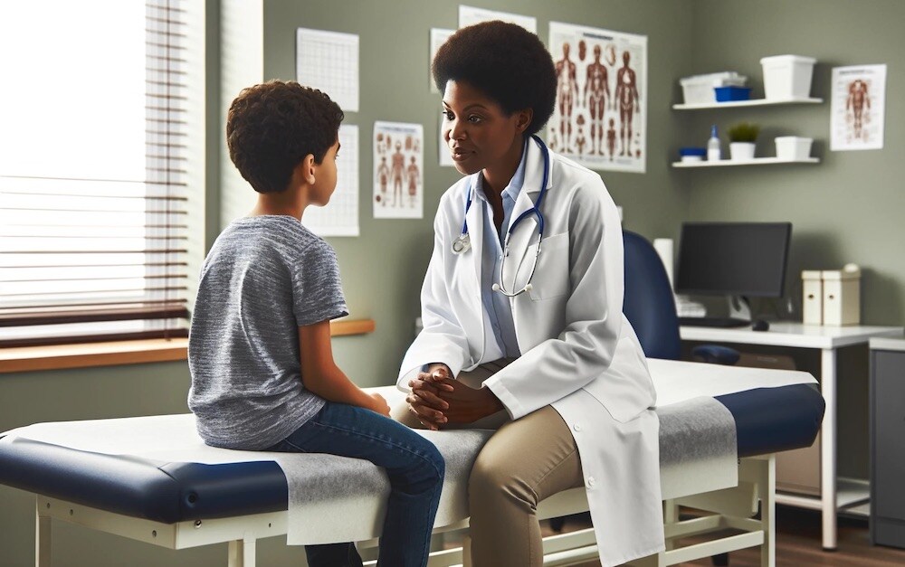 Doctor speaking to a child, giving him her full attention 