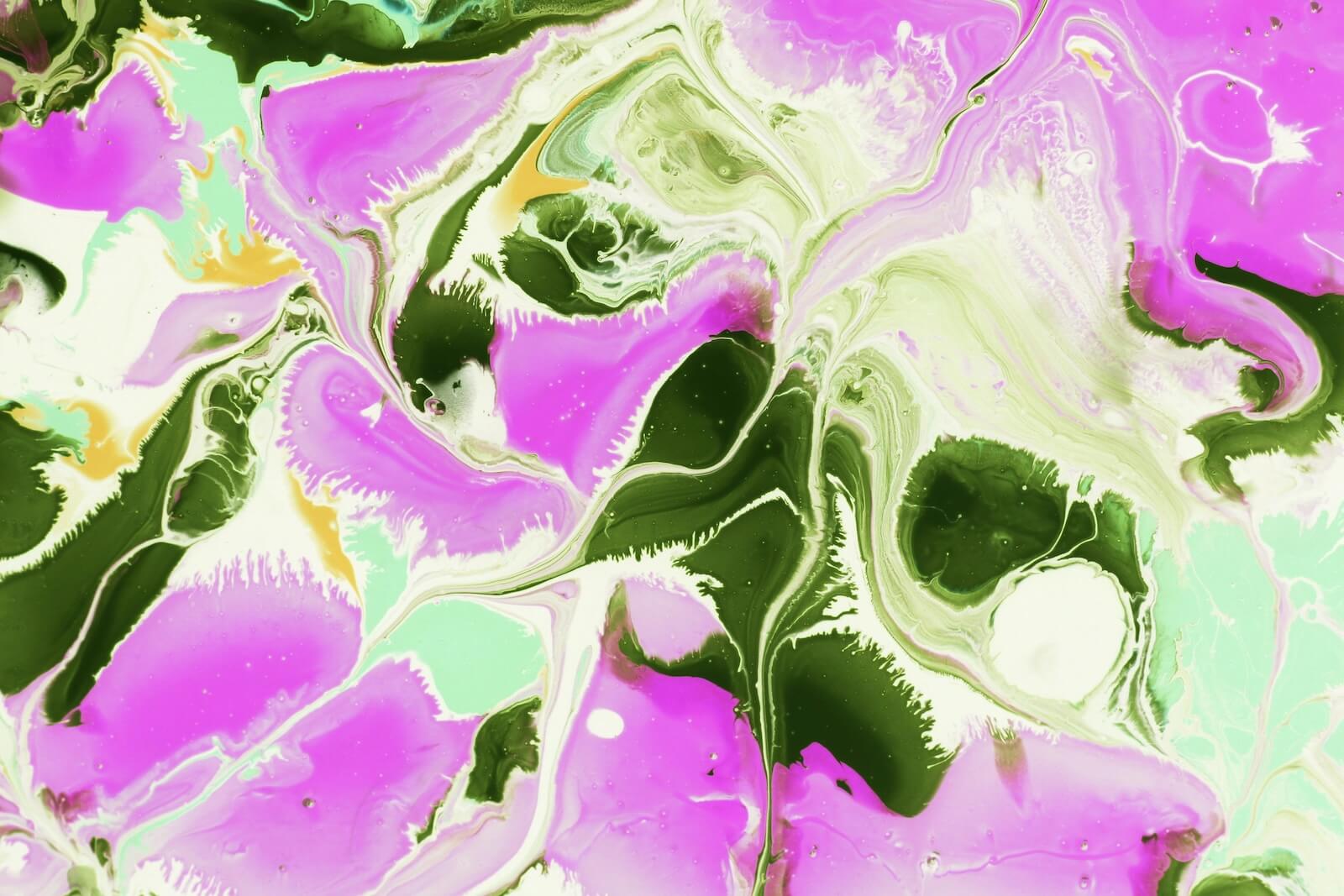 Abstract painting with swirling patterns of bright magenta, deep green and pale mint, resembling a fluid landscape 