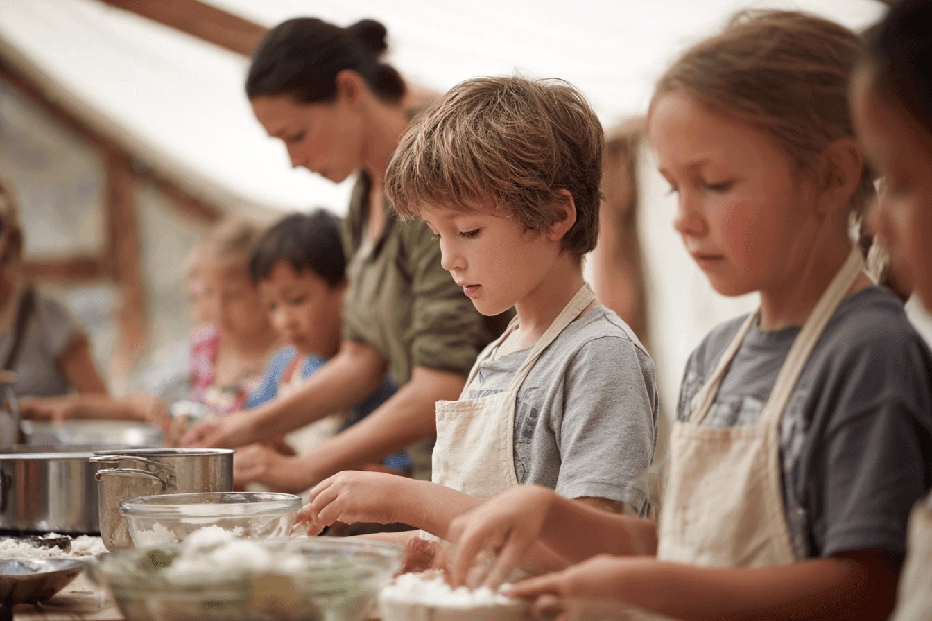 Group of young children wearing aprons prepare food at a long table, mixing ingredients in bowls during a supervised cooking class 