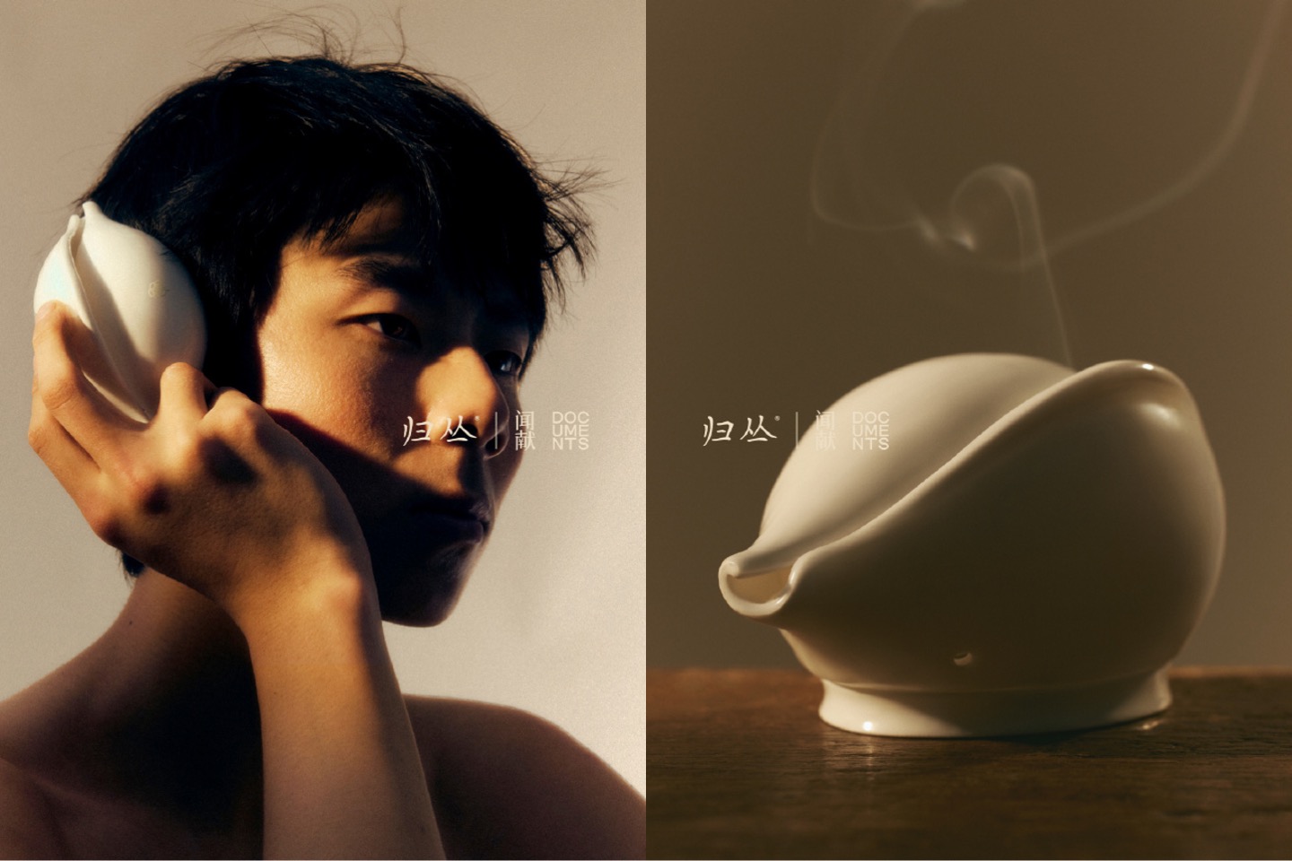Two images: man holding conch shell to ear, and conch-shaped incense burner