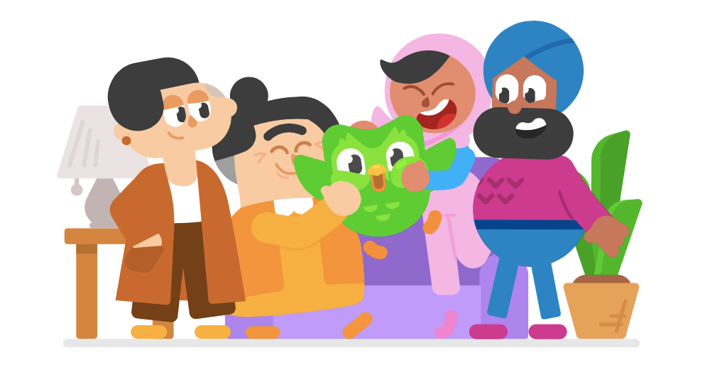 Illustration of a diverse group of people hugging the Duolingo owl mascot