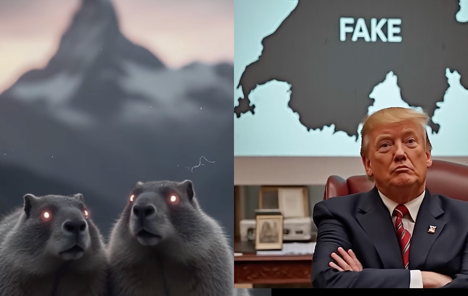 Marmots with glowing eyes plus President Trump with 'FAKE' on a map of Switzerland 