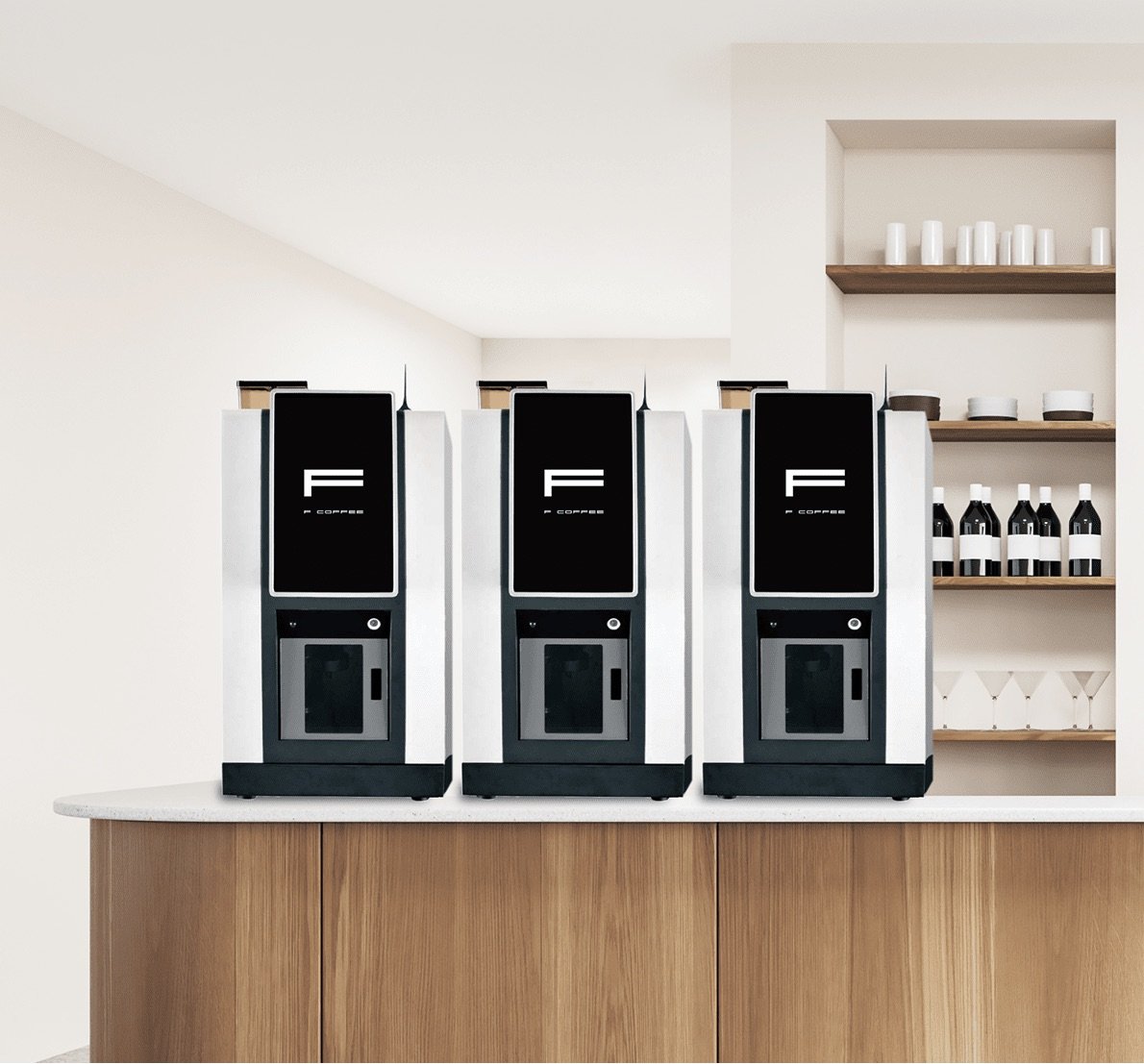 Three sleek black-and-white AI coffee machines labeled “F COFFEE” stand side by side on a light countertop in a minimalist café interior with wooden cabinets 