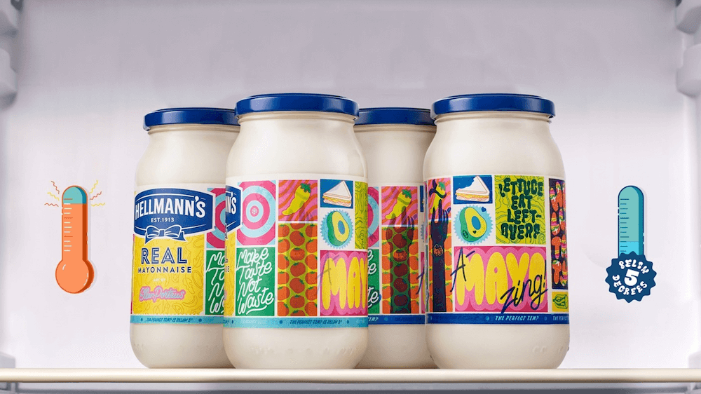 Four jars of Hellmann's mayonnaise with colorful labels featuring thermochromic ink