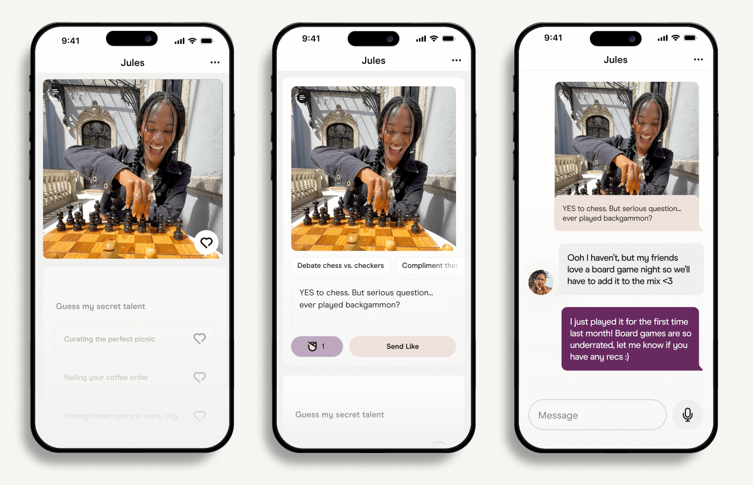 Three iPhone mockups show a dating app interaction with a profile named Jules, with a photo of a smiling woman outdoors reaching across a wooden chessboard mid-move, with a “Guess my secret talent” prompt below 