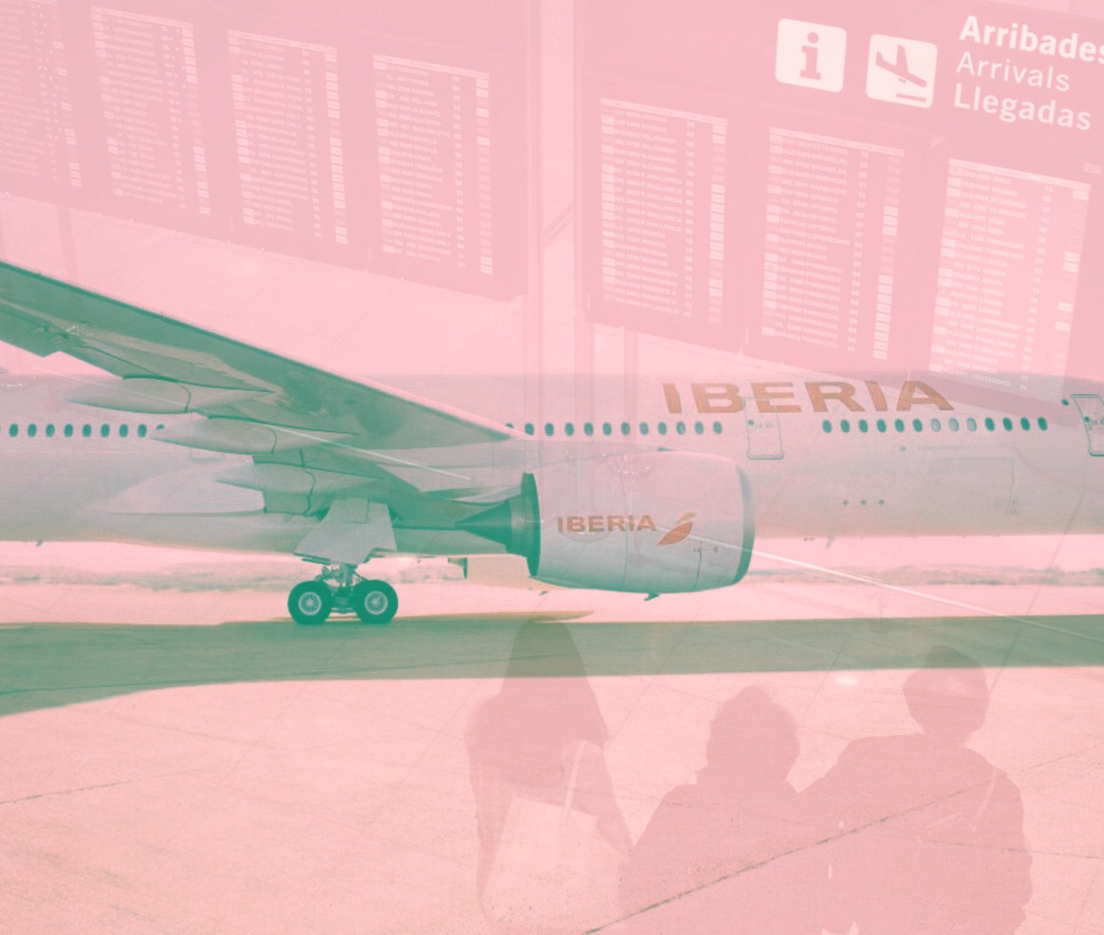 Double-exposure style image of an Iberia airplane on a runway overlaid with airport arrivals boards and silhouettes of travelers, tinted pink and green 