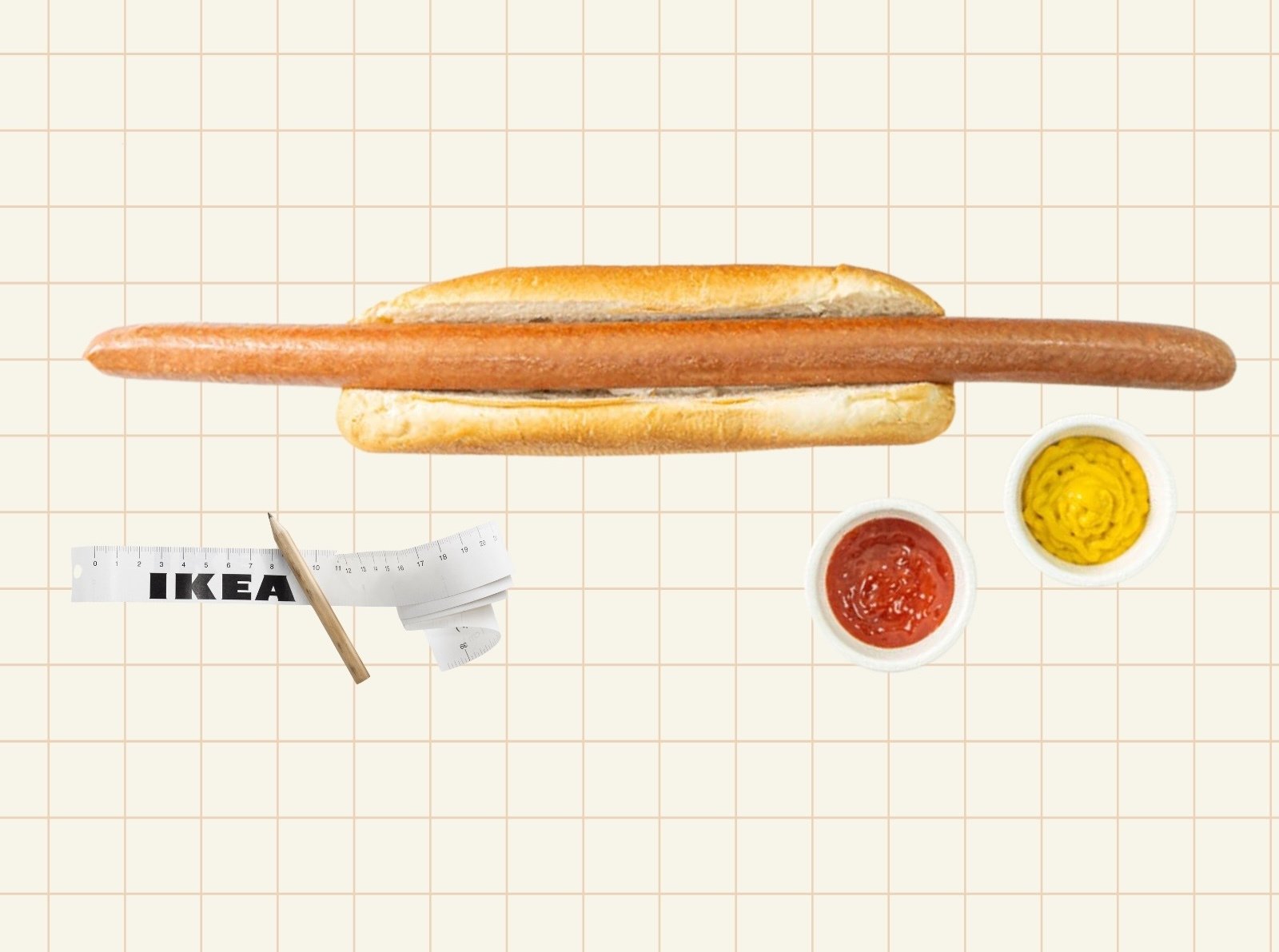 A flat-lay photograph of IKEA's half-meter hot dog in a long bun, flanked by small cups of ketchup and mustard, with an IKEA-branded pencil and measuring tape for scale, on a grid-patterned background 