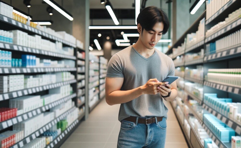 Man in a drugstore, looking at his phone 