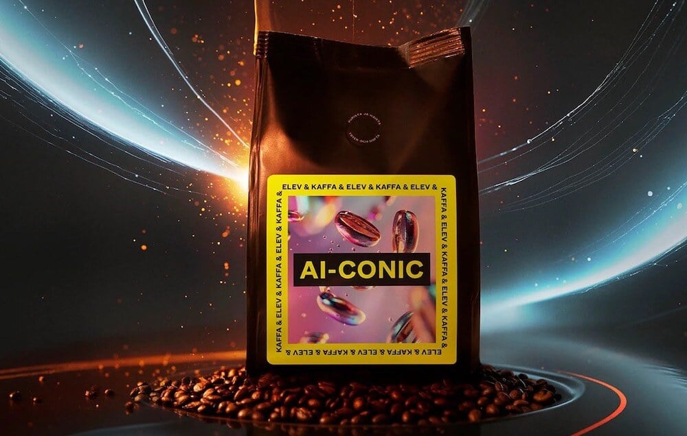 A bag of AI-CONIC coffee against a futuristic, abstract background 