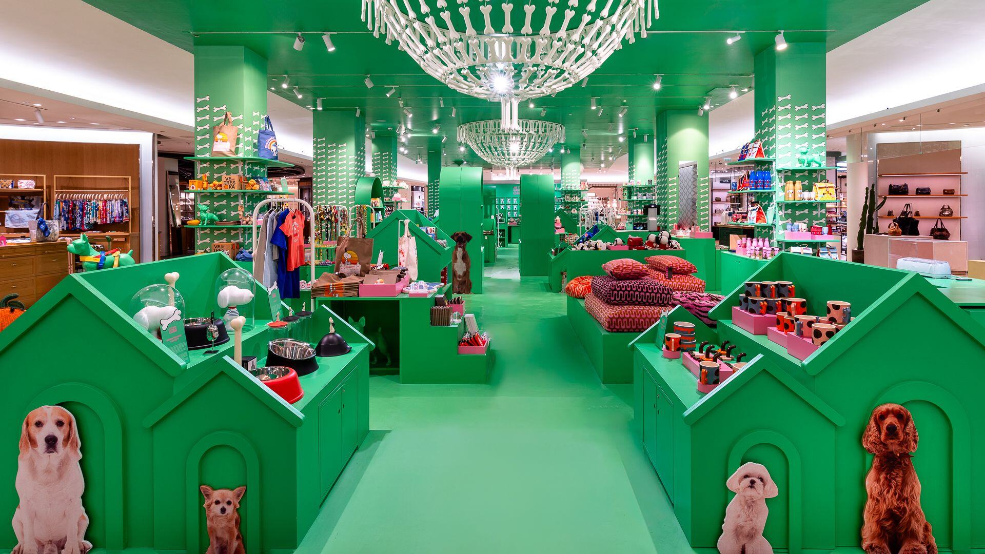 Dog-themed store displays in Le Bon Marché featuring products for pets and their owners 