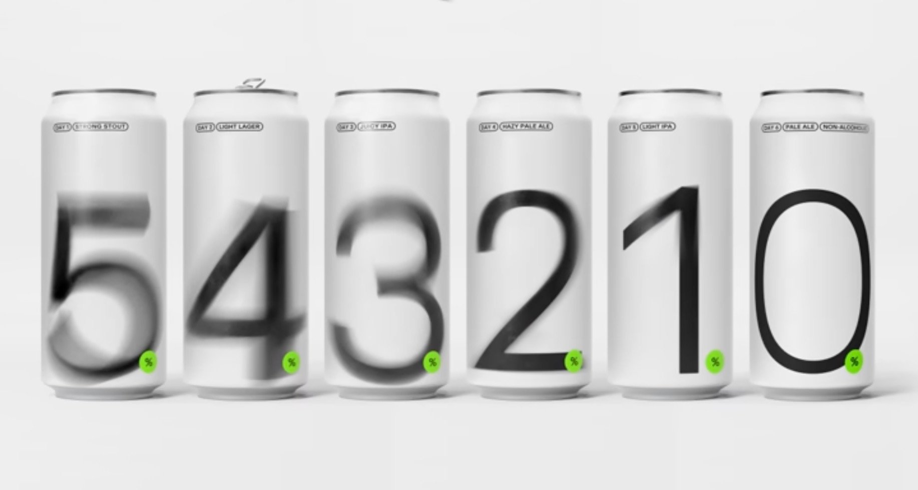 Six minimalist beer cans lined up, labeled 5, 4, 3, 2, 1 and 0, with numbers gradually sharpening from blurred to clear to visualize a taper from alcohol to sobriety 
