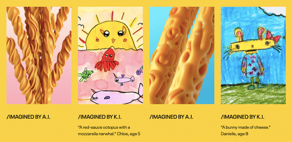 Four Lunchables-inspired images: two generated by AI and two drawn by kids